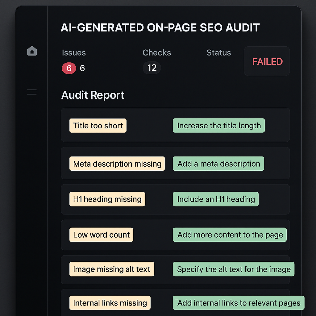 A sleek dashboard showing an AI‑generated on‑page SEO audit report with highlighted issues and suggested fixes. Alt: automating on-page SEO with AI software audit dashboard.
