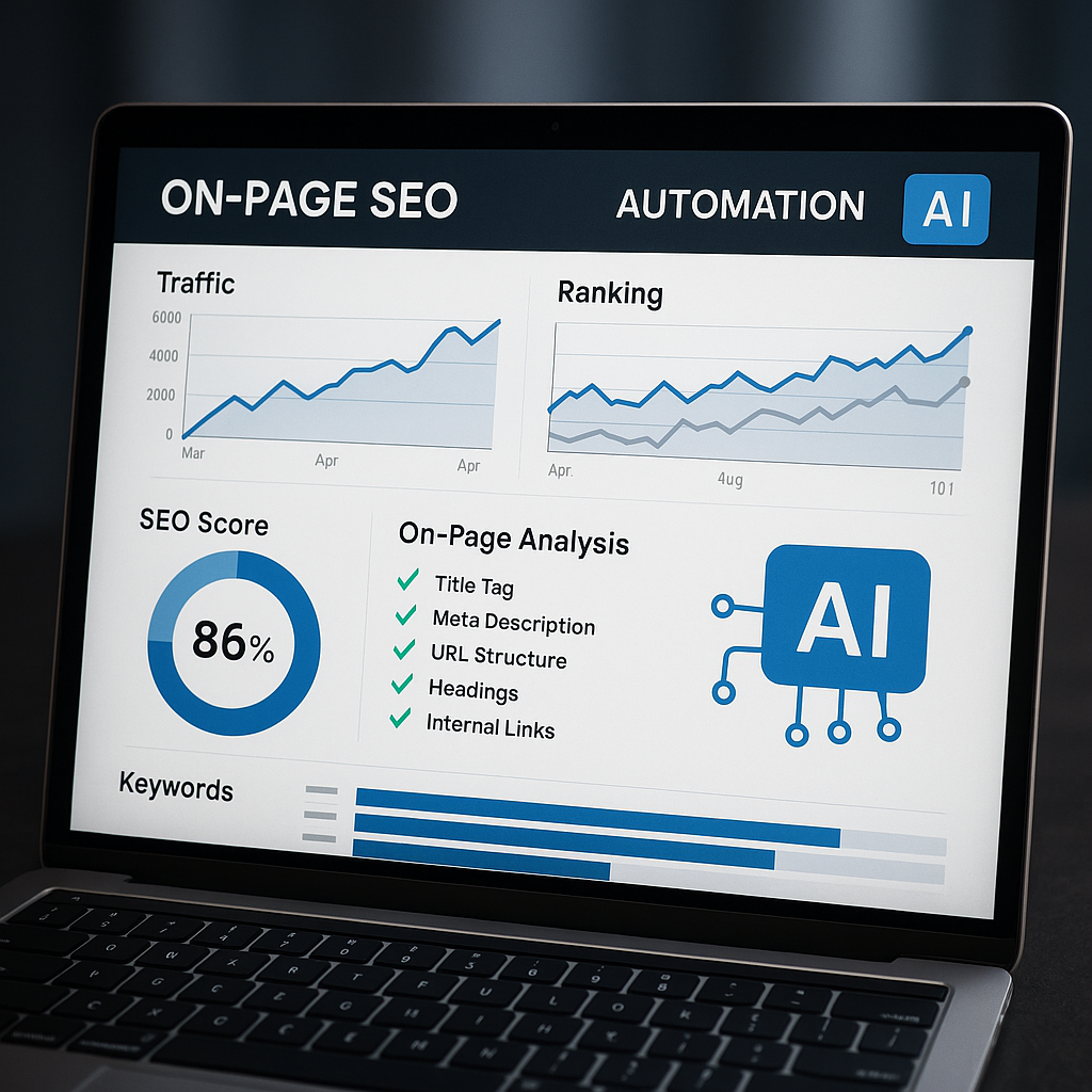 AI-generated illustration of a dashboard automating on-page SEO tasks, showing charts and AI icons. Alt: Automating on-page SEO with AI software dashboard visualization.
