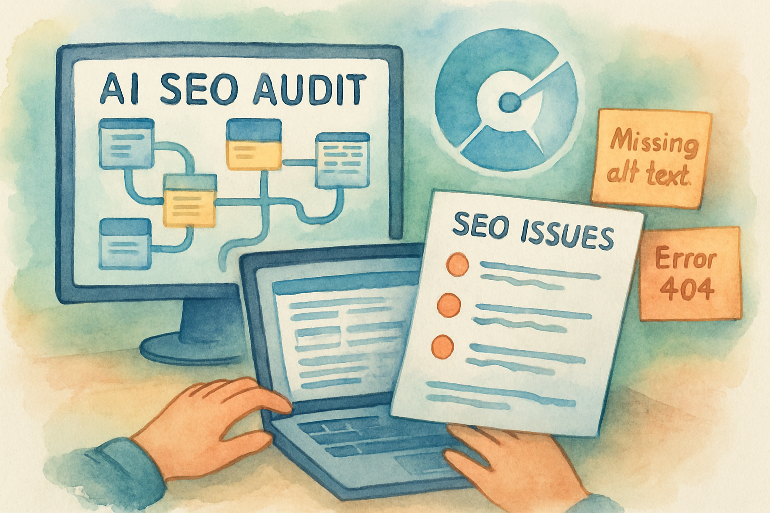 AI-powered SEO audit scanning a complex website structure, highlighting SEO issues. Alt: Automate SEO audits with AI scanning website pages.