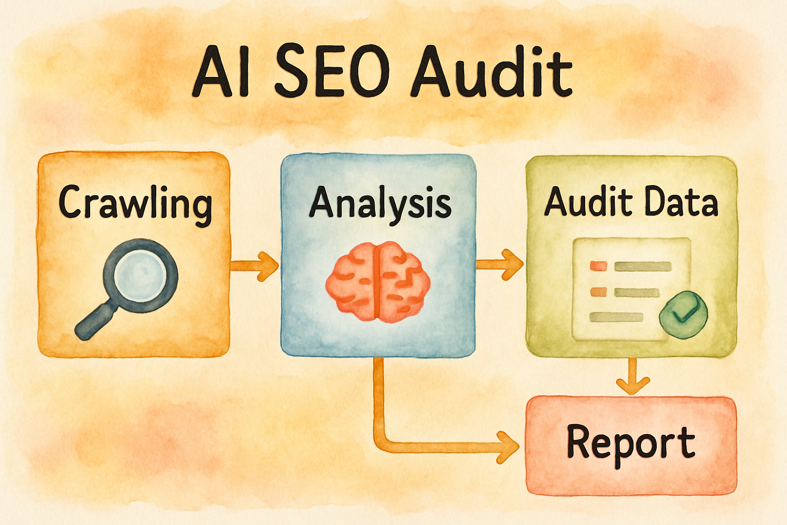 Flowchart showing AI SEO audit process from crawling to delivering reports. Alt: Automate SEO audits with AI process flow illustration.