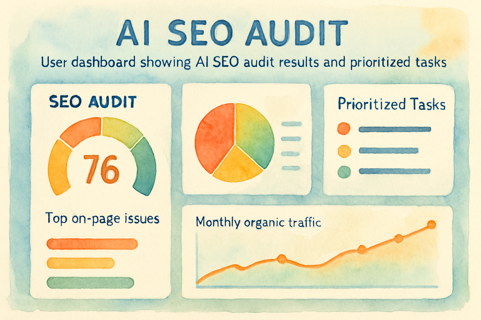 User dashboard showing AI SEO audit results and prioritized tasks. Alt: Automate SEO audits with AI dashboard showing actionable insights.