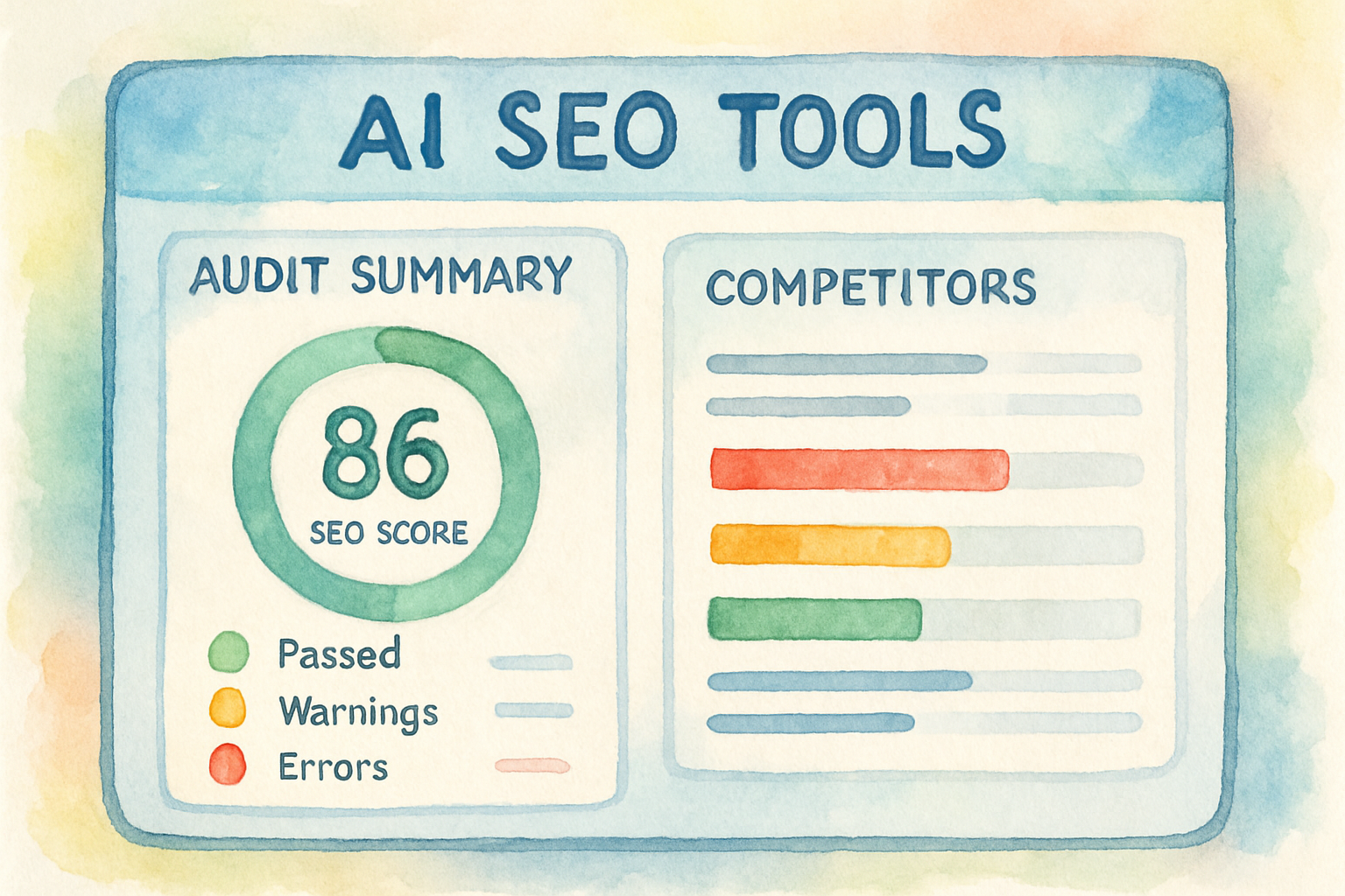 Illustration of popular AI SEO tools dashboard showing audit summary and competitor data. Alt: Popular AI tools to automate SEO audits with AI.