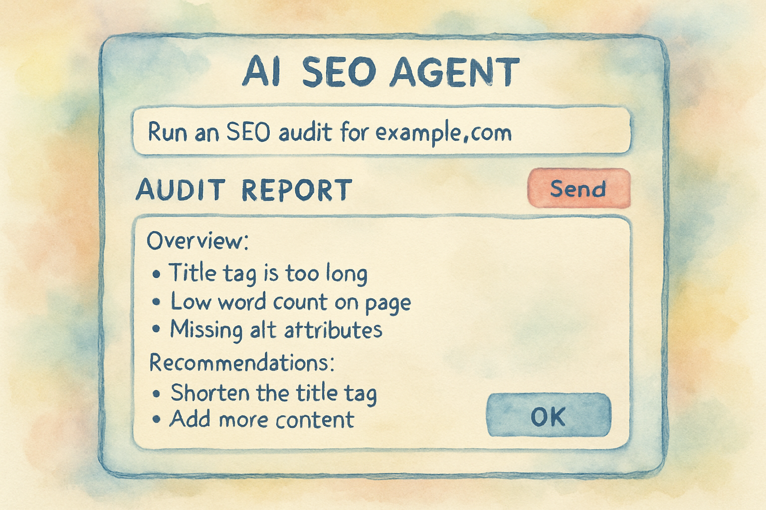 Screenshot of an AI SEO agent interface receiving commands and delivering audit reports. Alt: Automate SEO audits with AI SEO agent interface.