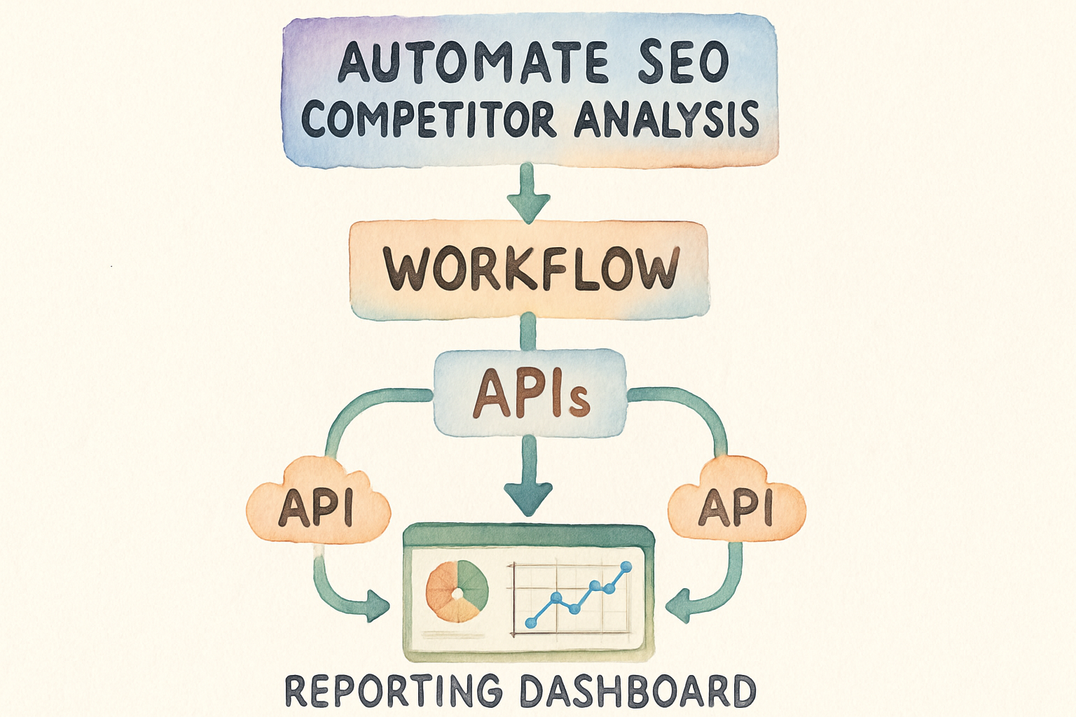 Workflow diagram showing automated SEO competitor data collection and analysis from multiple APIs integrated into a Google Sheets dashboard. Alt: Automate SEO competitor analysis workflow with integrated APIs and reporting dashboard.