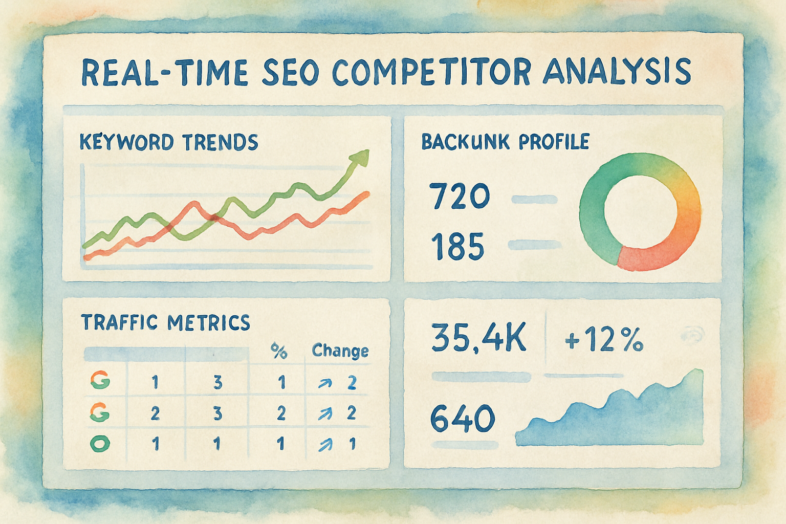 Screenshot of a real-time SEO competitor analysis dashboard showing keyword trends, backlink profiles, and traffic metrics. Alt: Real-time automate SEO competitor analysis dashboard with keyword and backlink monitoring.