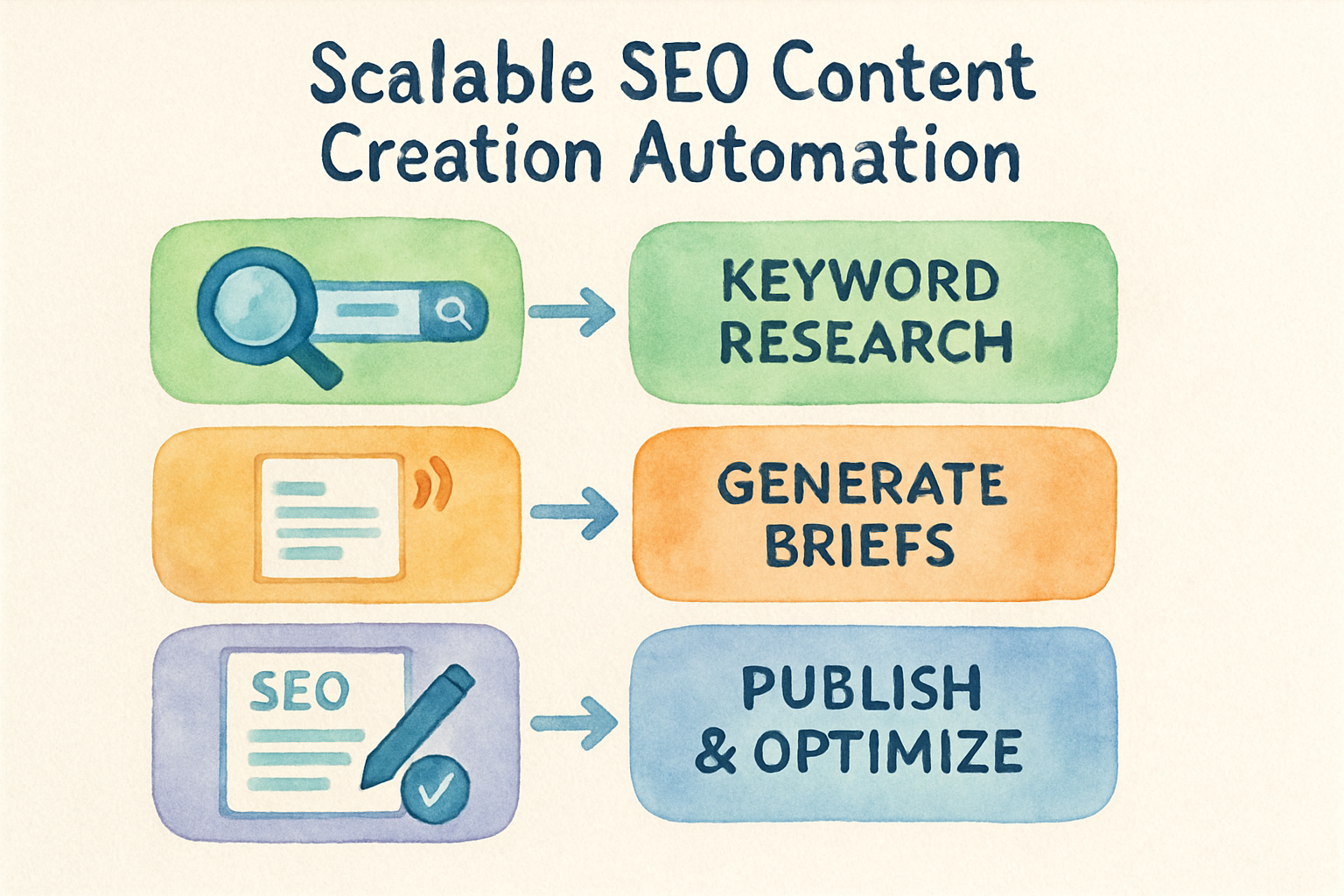 Workflow diagram showing a scalable SEO content creation automation process. Alt: Step-by-step guide for how to automate seo content creation with an automated pipeline.