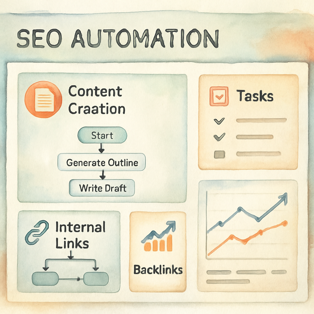 A digital workspace showing multiple SEO automation tools integrated in one dashboard with visual workflow charts. Alt: SEO content automation tools dashboard showing streamlined task management and backlink tracking.