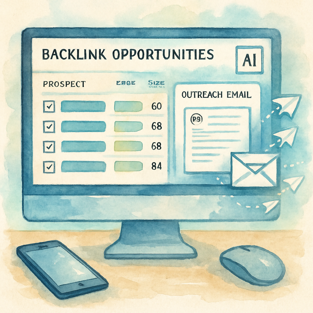 An AI-powered dashboard showing backlink opportunities and automated outreach emails being sent. Alt: Automating backlink research and outreach with AI tools to boost SEO performance.