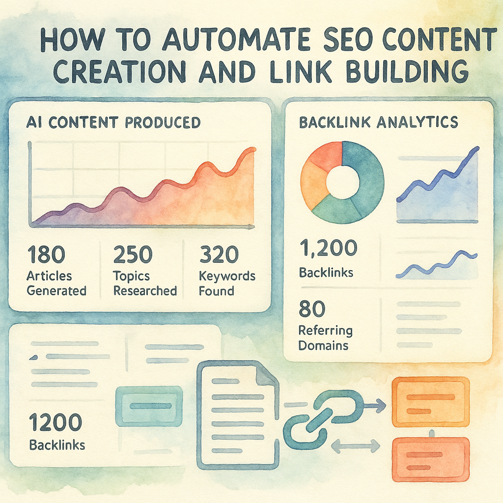 AI-powered dashboard showing automated SEO content creation and backlink analytics. Alt: How to automate SEO content creation and link building dashboard overview.
