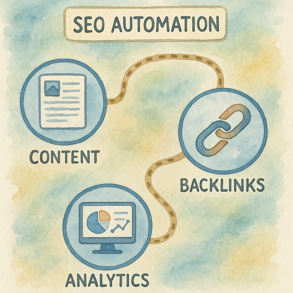 Illustration of an SEO automation roadmap connecting content, backlinks, and analytics. Alt: Automate SEO content creation and backlink building process map.