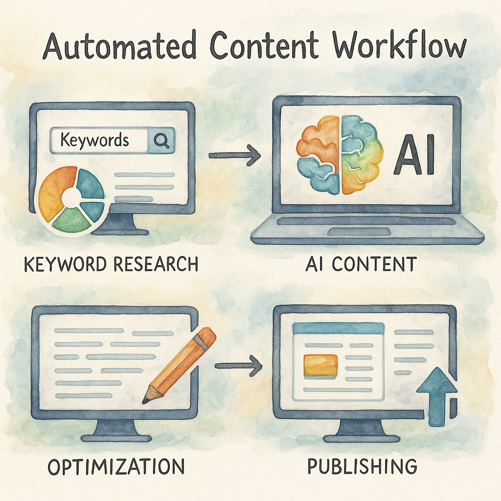 AI-powered content workflow automation showing data flow from keyword research to publishing. Alt: Automated SEO content creation process with AI tools in 2025.