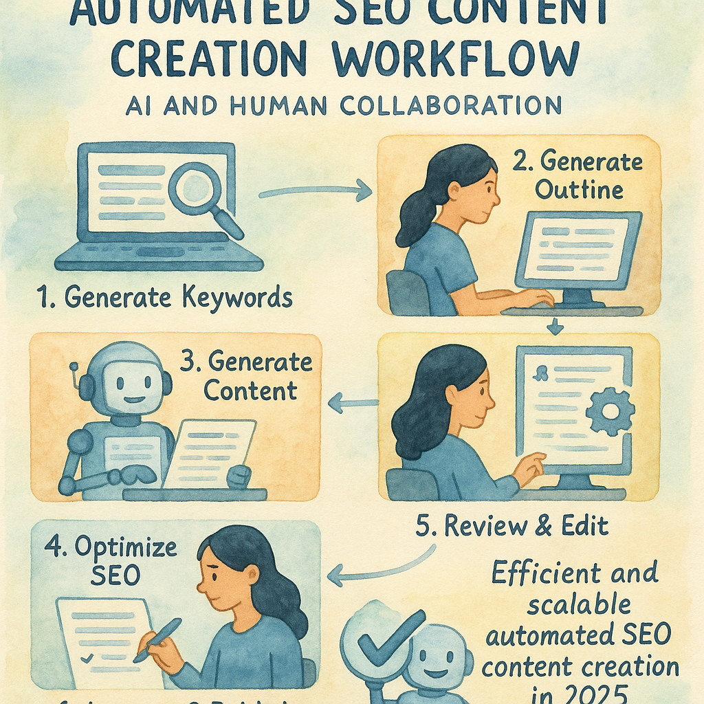 Step-by-step automated SEO content creation workflow with AI and human collaboration. Alt: Efficient and scalable automated SEO content creation in 2025.