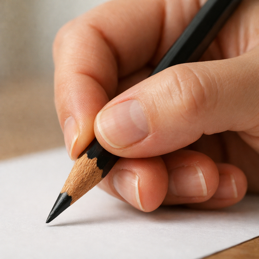 A realistic close‑up of a hand holding a drawing pencil with a thumb‑fulcrum grip, soft natural lighting, focus on fingers and pencil tip. Alt: proper pencil grip for sharpening