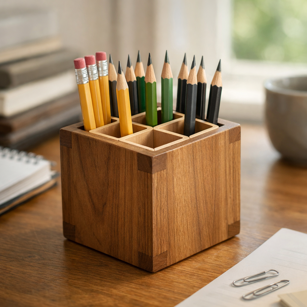 A realistic scene of a wooden pencil holder on a desk, pencils standing upright, soft daylight, focus on the holder and pencils. Alt: proper pencil storage to protect leads