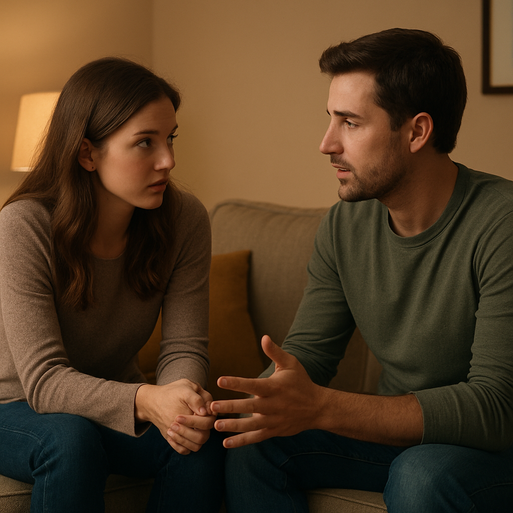 A couple sitting on a cozy couch, one leaning forward, the other speaking, soft lighting highlighting attentive faces. Alt: Couple practicing reflection and clarification in conversation.