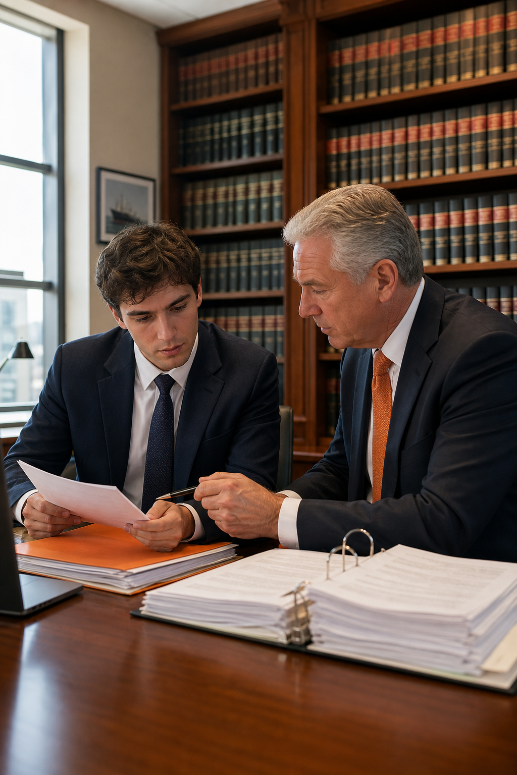 A photorealistic scene of a young lawyer intern reviewing legal files alongside a senior attorney in a maritime law firm office, large bookshelves of legal volumes in background, natural window light. Alt: law school intern gaining maritime legal experience at admiralty law firm.
