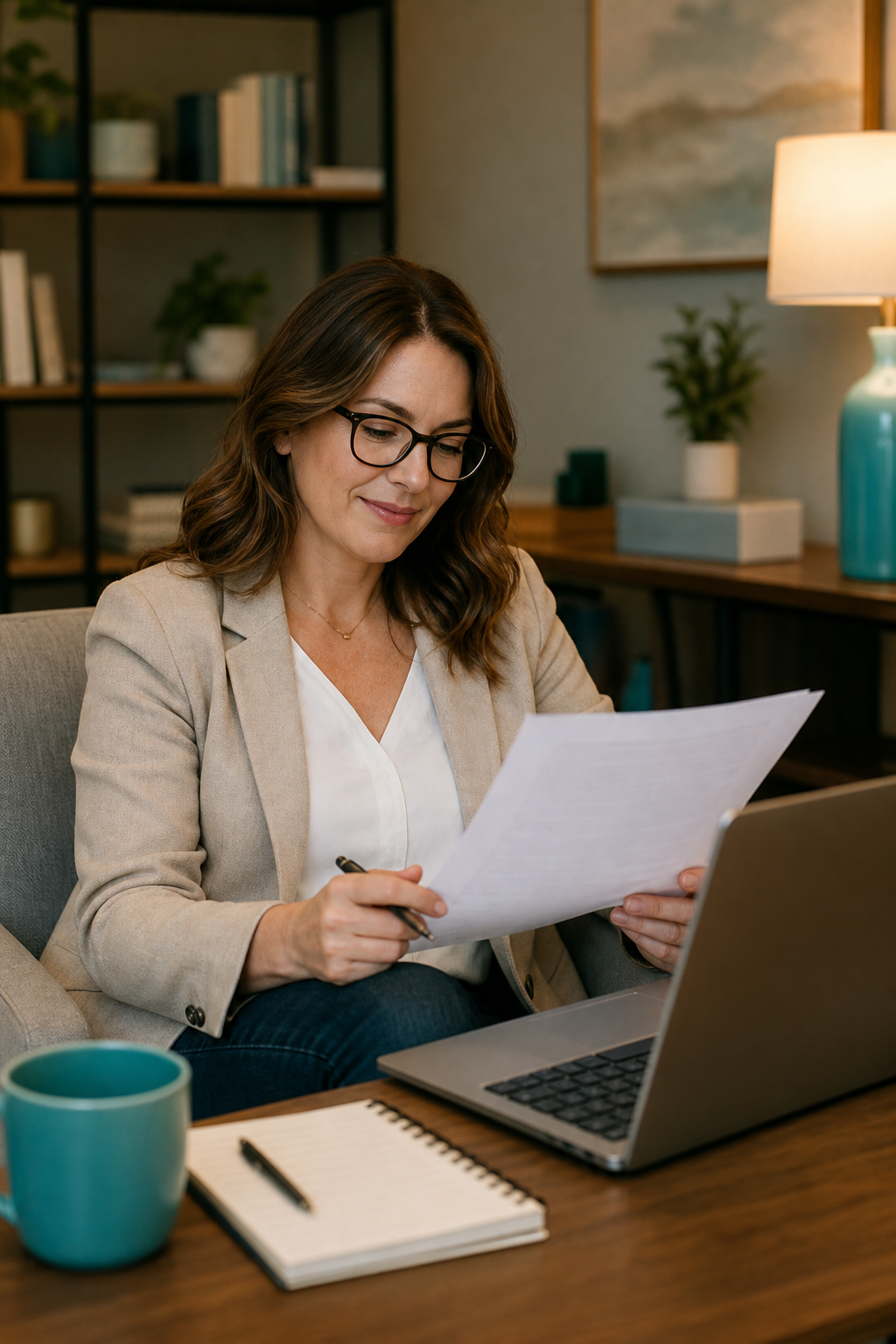 A professional, warm-toned photograph of a therapist sitting in a cozy office, reviewing paperwork with a laptop and notepad, conveying a sense of relief from administrative burdens. Alt: Therapist managing billing tasks with a full-service billing company