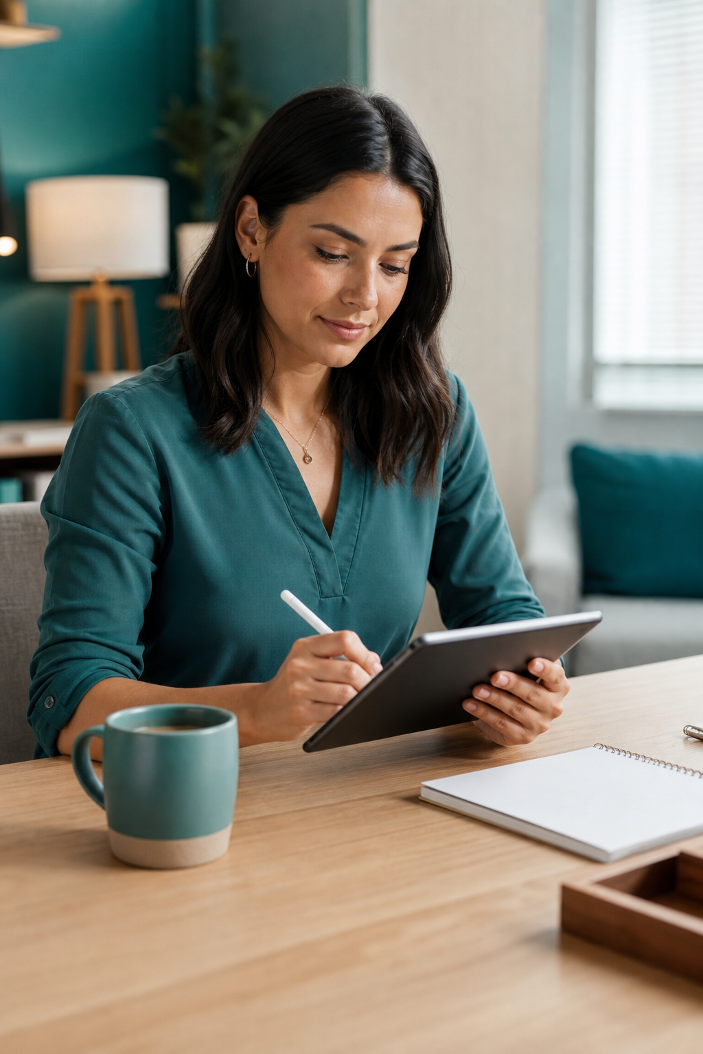 A realistic image of a therapist completing enrollment paperwork on a tablet, with a coffee mug nearby, suggesting the beginning of the credentialing journey. Alt: Therapist enrolling in insurance panels with credentialing service support