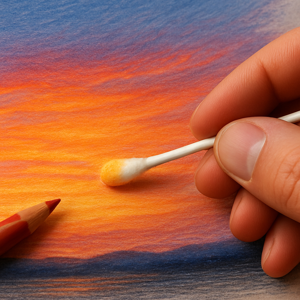 A close‑up of an artist’s hand using a cotton bud dipped in citrus‑based solvent to blend a sunset sky with colored pencils. Alt: How to blend colored pencils using solvents and blending tools.