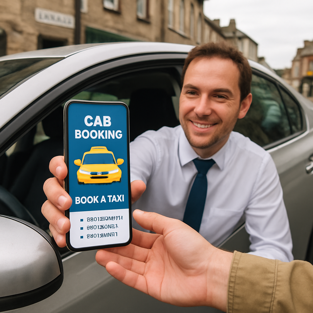 A friendly driver handing a phone to a passenger outside a Kendal street, showing the booking app screen. Alt: Choose a reliable cab‑booking platform for online taxi booking