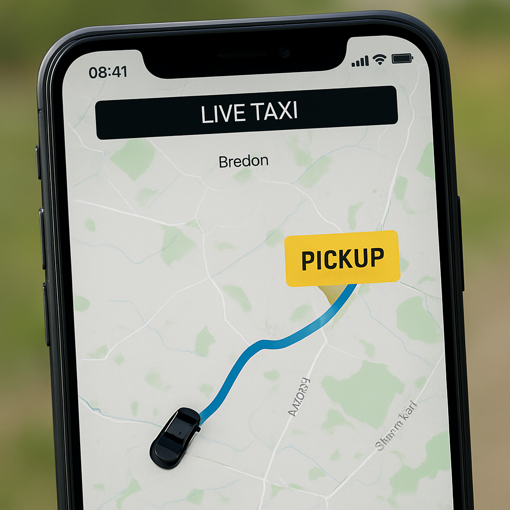 A smartphone screen showing a live taxi map with a driver icon approaching a highlighted pickup point in a rural UK setting. Alt: Real‑time ride tracking on a cab‑booking app