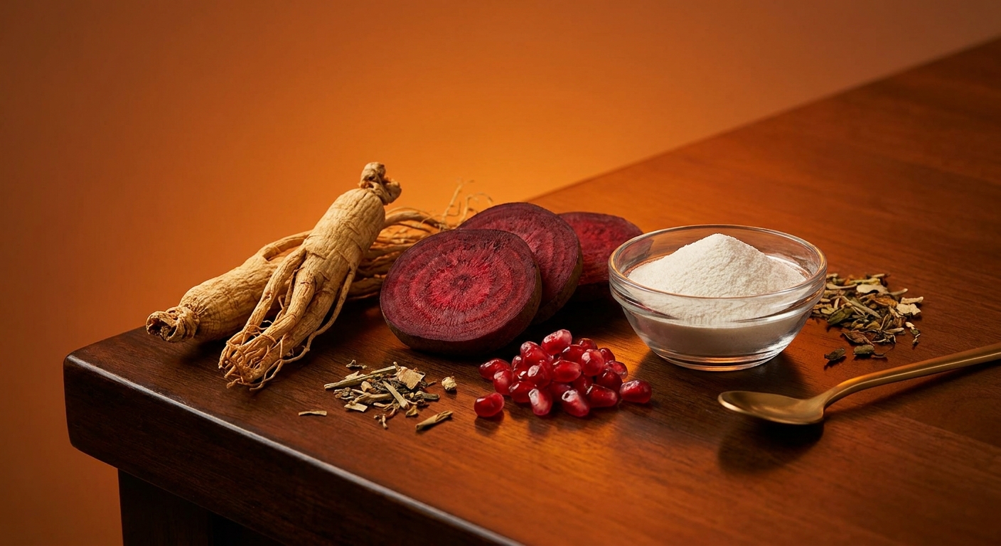 A photorealistic close-up of natural supplement ingredients , ginseng root, beetroot slices, pomegranate seeds, and amino acid powder , arranged on a dark wood surface with warm orange accent lighting. Alt: natural ingredients for nitric oxide and blood flow support for sexual health.