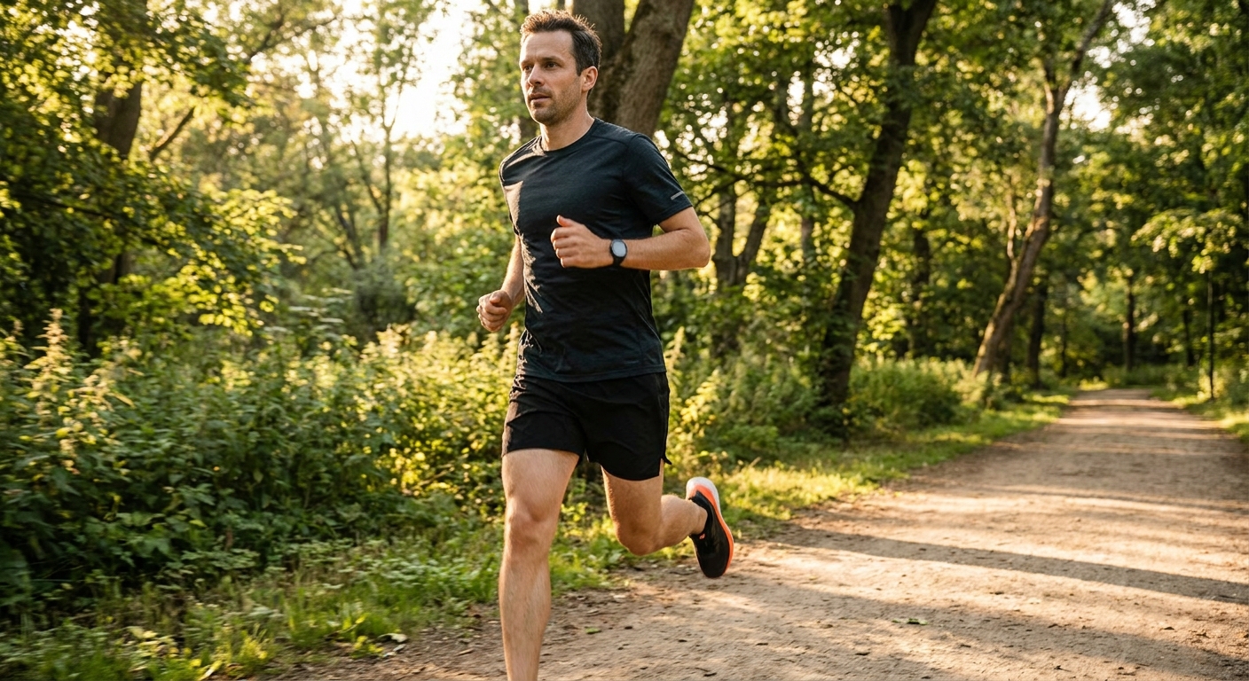 A man in his 30s jogging on a sunlit trail through a green park, motion blur on his legs showing pace, natural daylight, photorealistic style. Alt: man doing aerobic exercise to boost cardiovascular blood flow for sexual health.