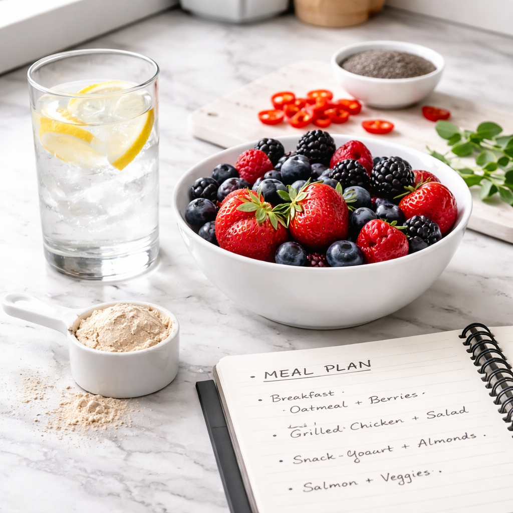 A photorealistic kitchen scene showing a bright bowl of mixed berries, sliced chili peppers, a glass of cold water, and a scoop of protein powder beside a notebook with a simple meal plan. Alt: natural ways to boost metabolism with food and drink.