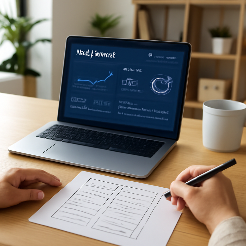 A modern Australian small‑business office with a laptop displaying SEO analytics dashboards, a designer sketching website wireframes, and a coffee mug. Alt: SEO automation tool workflow on a well‑designed website