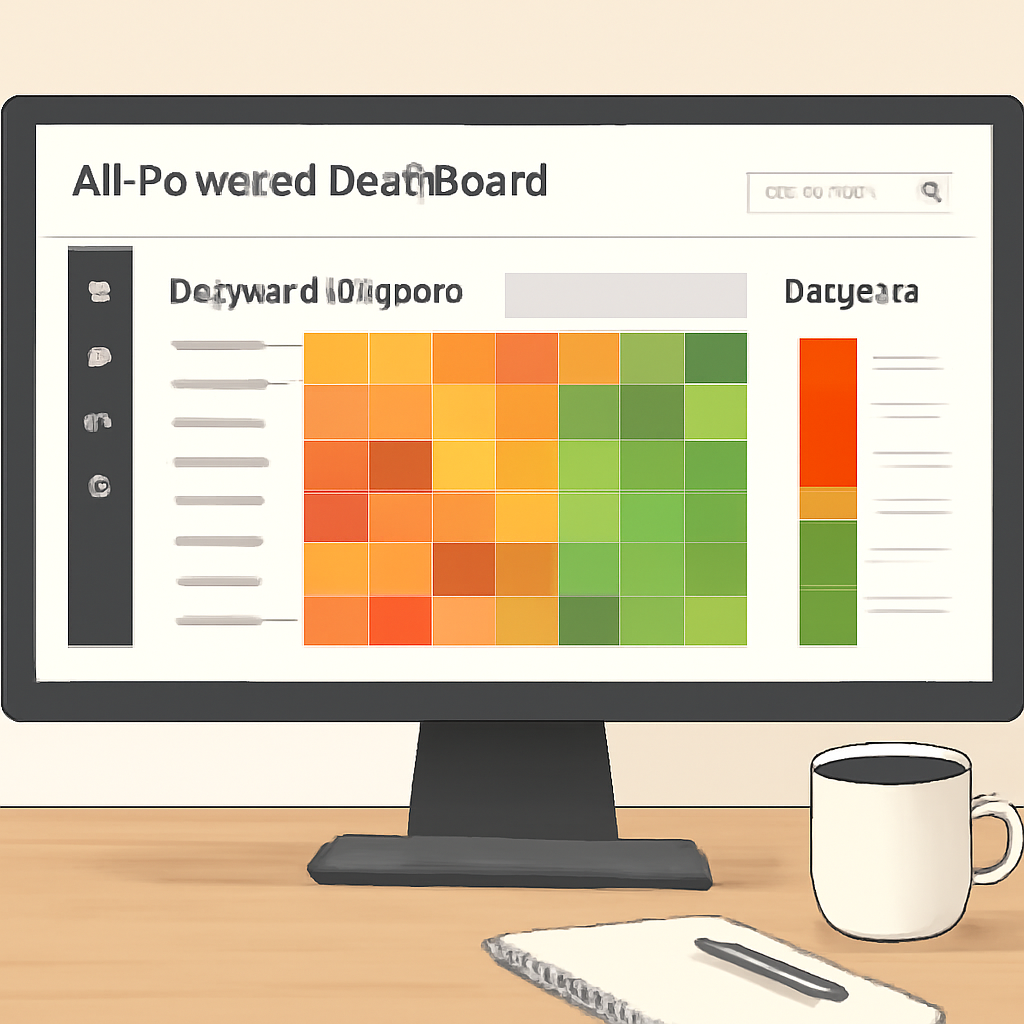 An AI‑powered dashboard showing a heat map of keyword clusters, with a coffee mug and notepad beside it. Alt: seo automation tool keyword clustering dashboard example