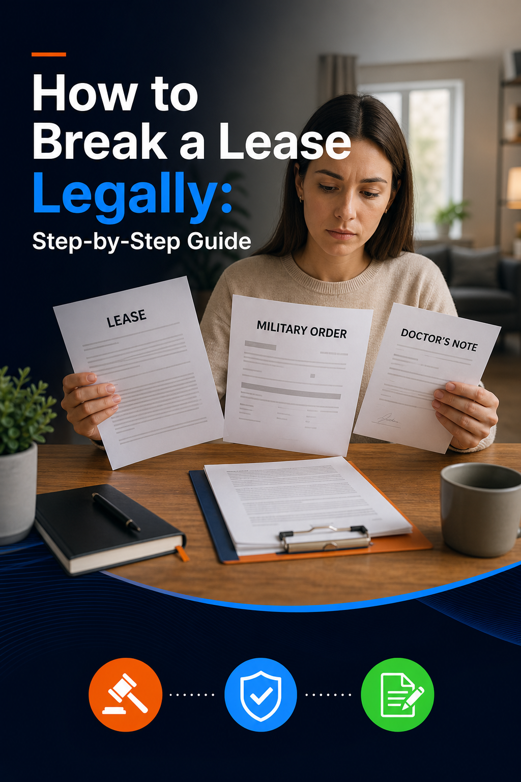 A realistic illustration of a renter holding a lease, a military order, and a doctor’s note on a wooden table, showing the concept of legal grounds for breaking a lease, alt: legal grounds for lease termination