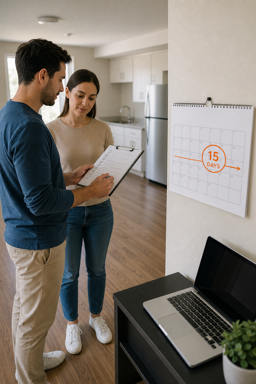 A realistic scene of a renter doing a move‑out walkthrough with a landlord, holding a checklist, with a calendar showing a 15‑day deadline, alt: Florida security deposit timeline