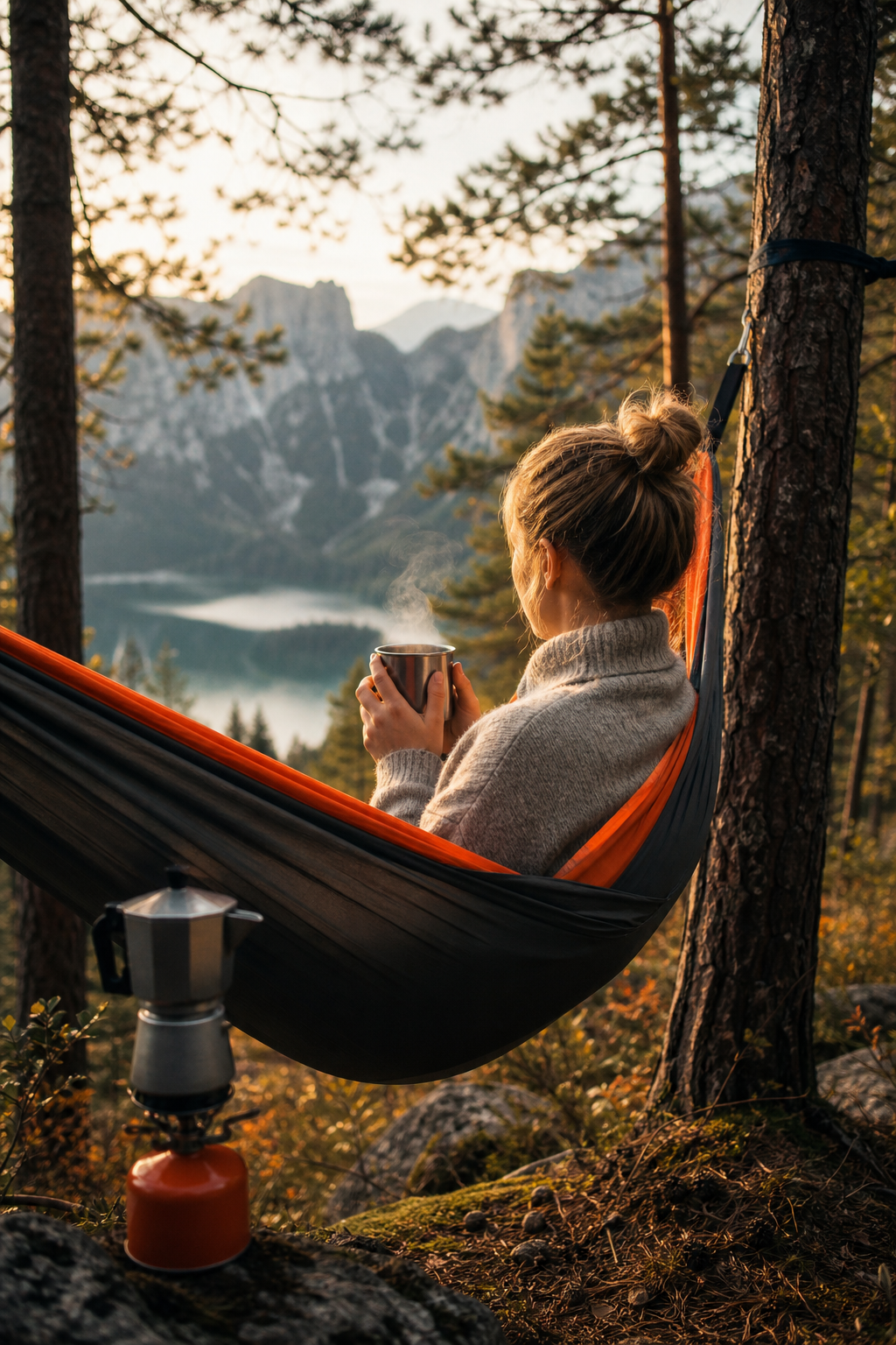 A realistic view of a hammock strung between two trees with a traveler sitting inside, holding a steaming travel mug, forest background, soft focus, warm lighting. Alt: brewing coffee while relaxing in a hammock.