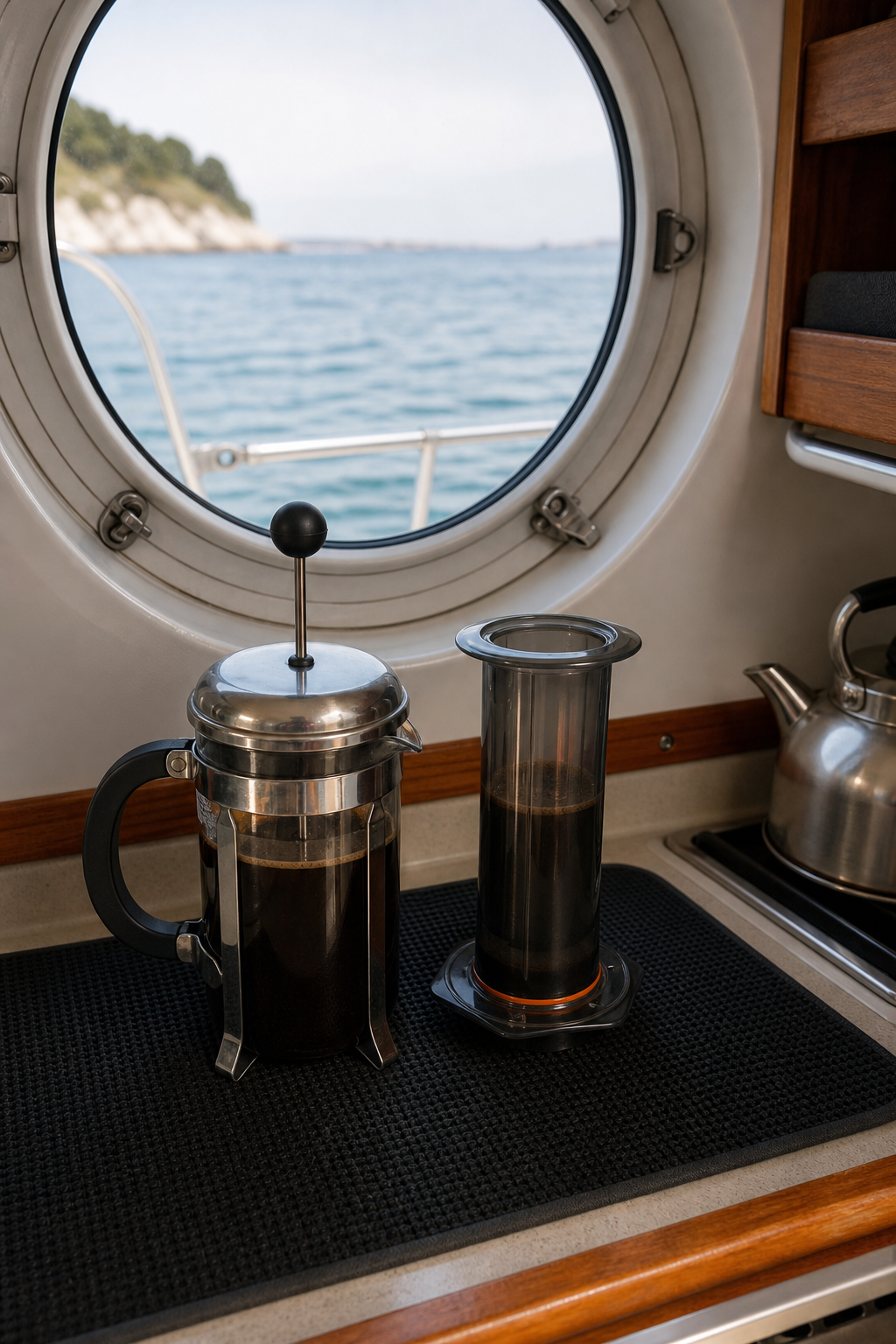 A photorealistic image of a boat galley counter with a stainless steel French press and a stovetop percolator secured next to the sink, with non-slip mats underneath, natural light coming through a porthole. Alt: Boat galley with French press and percolator secured for brewing coffee at sea.
