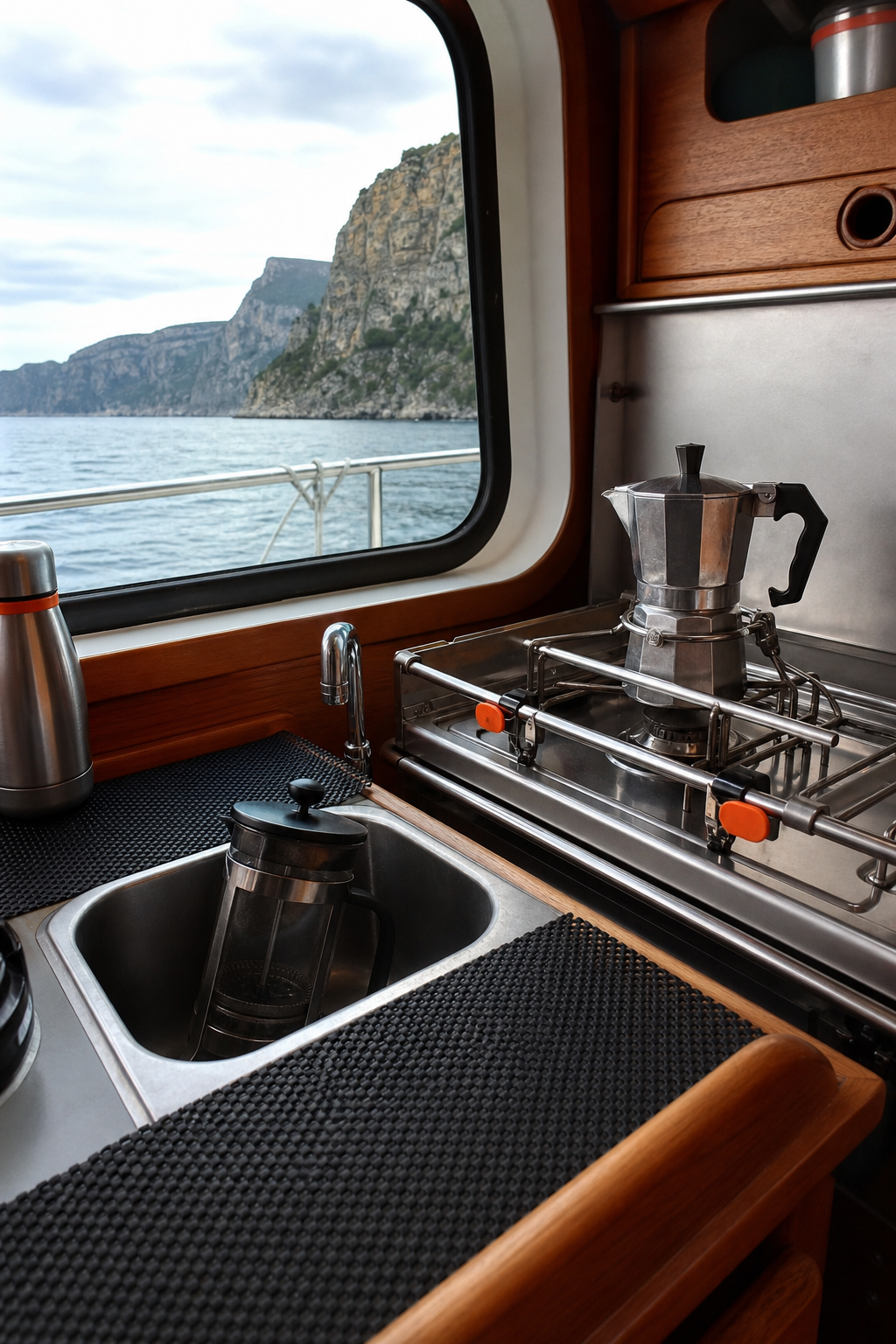 A photorealistic image of a hand pouring water from a stovetop kettle into a French press secured in a galley sink, with pot clamps visible and a non-slip mat, soft morning light from a hatch. Alt: Safe brewing of coffee on a boat with kettle secured by pot restraints and press wedged in sink.