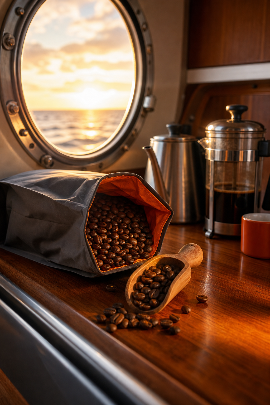 Photorealistic scene of a sailor's galley countertop with a bag of freshly roasted coffee beans, a wooden scoop, and morning light coming through a porthole. The warm orange glow reflects off the polished teak. Alt: fresh roasted coffee beans for brewing coffee on a sailboat.