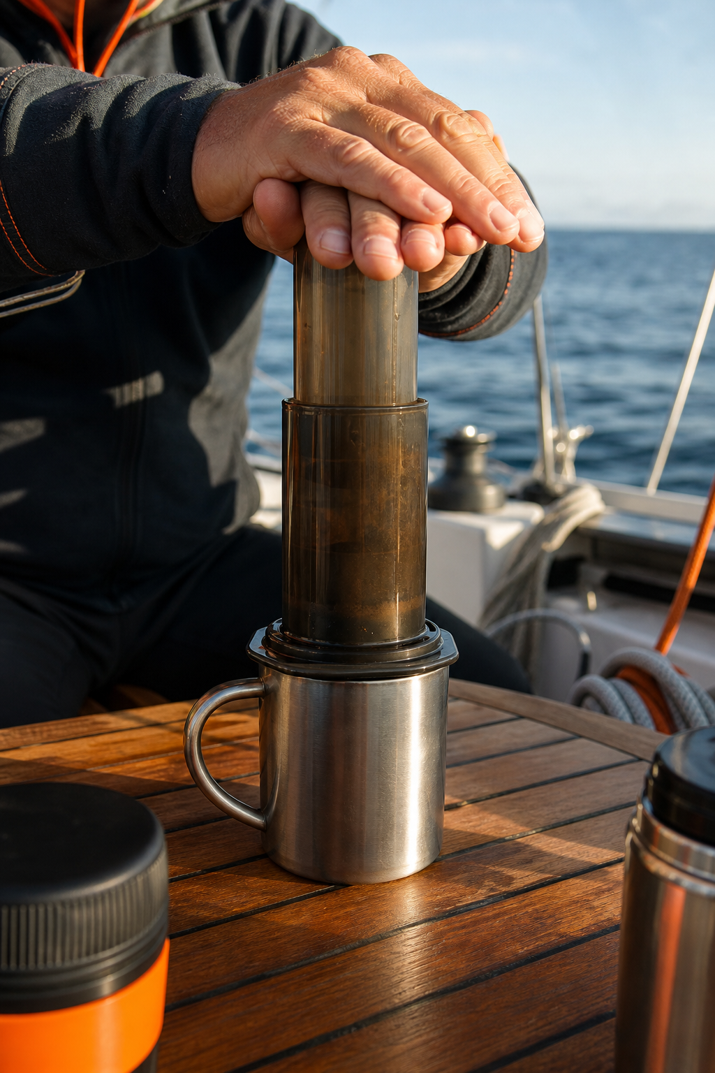 Photorealistic close-up of an AeroPress coffee maker being pressed over a stainless steel mug on a boat's teak cockpit table, ocean horizon in the background, warm morning light. Alt: AeroPress brewing coffee on a sailboat cockpit.