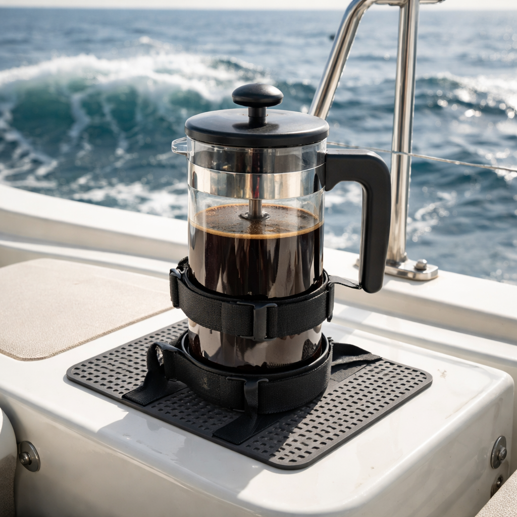 A realistic photo of a French press secured on a boat deck with silicone mat and Velcro straps, showing rolling waves in the background. Alt: French press stability on a boat