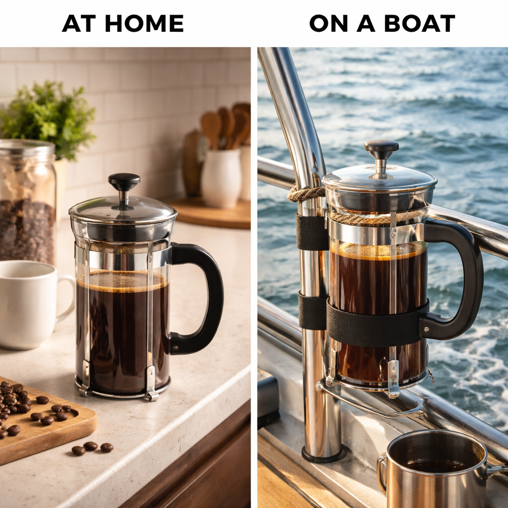 A realistic side‑by‑side illustration of a French press brewing on a kitchen counter versus a press strapped to a boat rail, highlighting differences in space, water volume, and stability. Alt: Land vs boat French press comparison