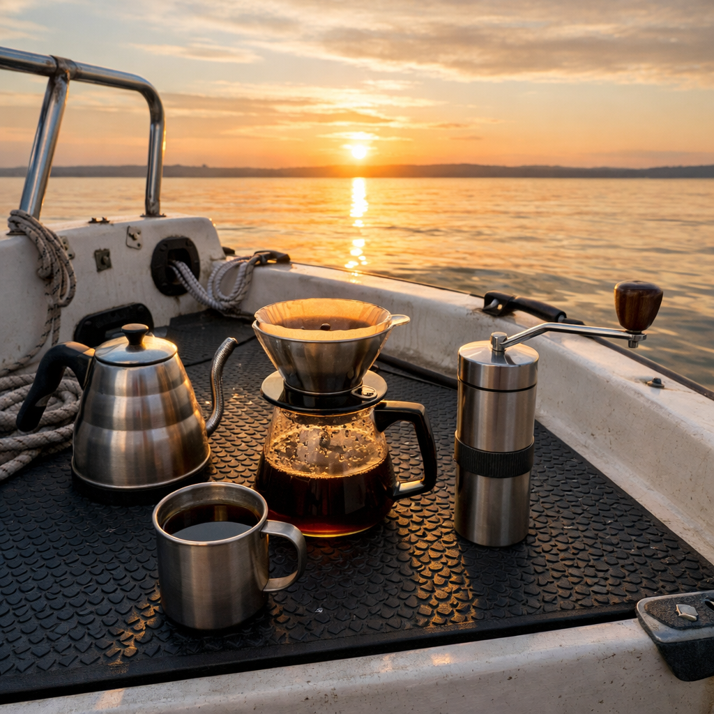 A realistic scene of a small boat deck with a non‑slip rubber mat, a compact pour‑over coffee setup, and a hand‑crank grinder, sunrise over calm water. Alt: boat deck coffee brewing setup
