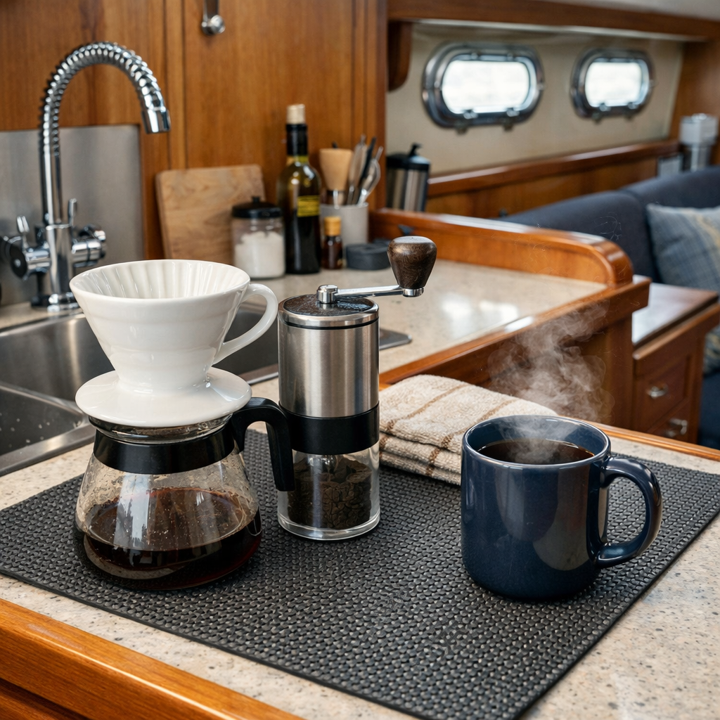 A realistic depiction of a tidy boat galley after coffee, with a cleaned pour‑over dripper, grinder, and a steaming mug on a non‑slip mat. Alt: boat coffee cleanup scene
