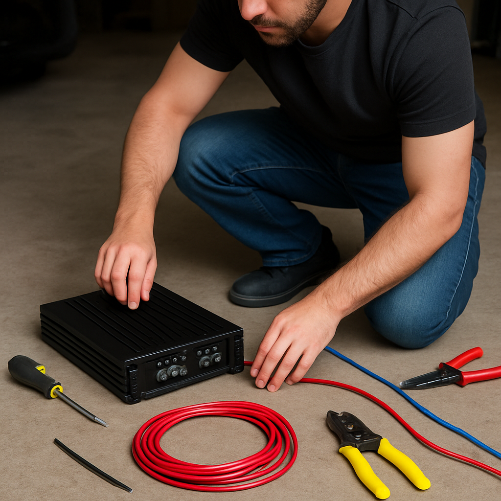 A car audio enthusiast laying out tools and wires on a garage floor, ready to bridge a 2‑channel amplifier. Alt: Gather tools for how to bridge a 2 channel amp