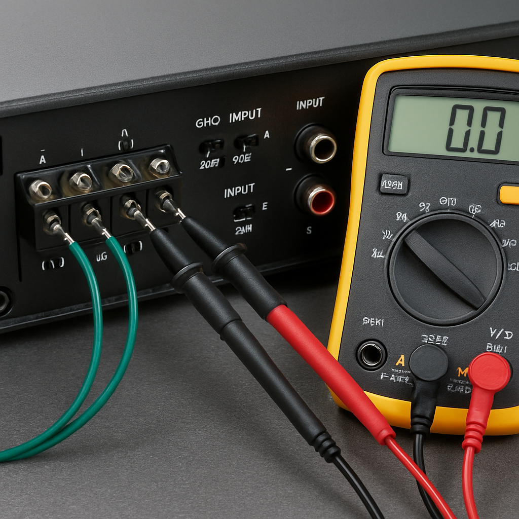 A close‑up of a car‑audio amp rear panel with jumper wires and a multimeter, Alt: troubleshooting bridge wiring for 2‑channel amp