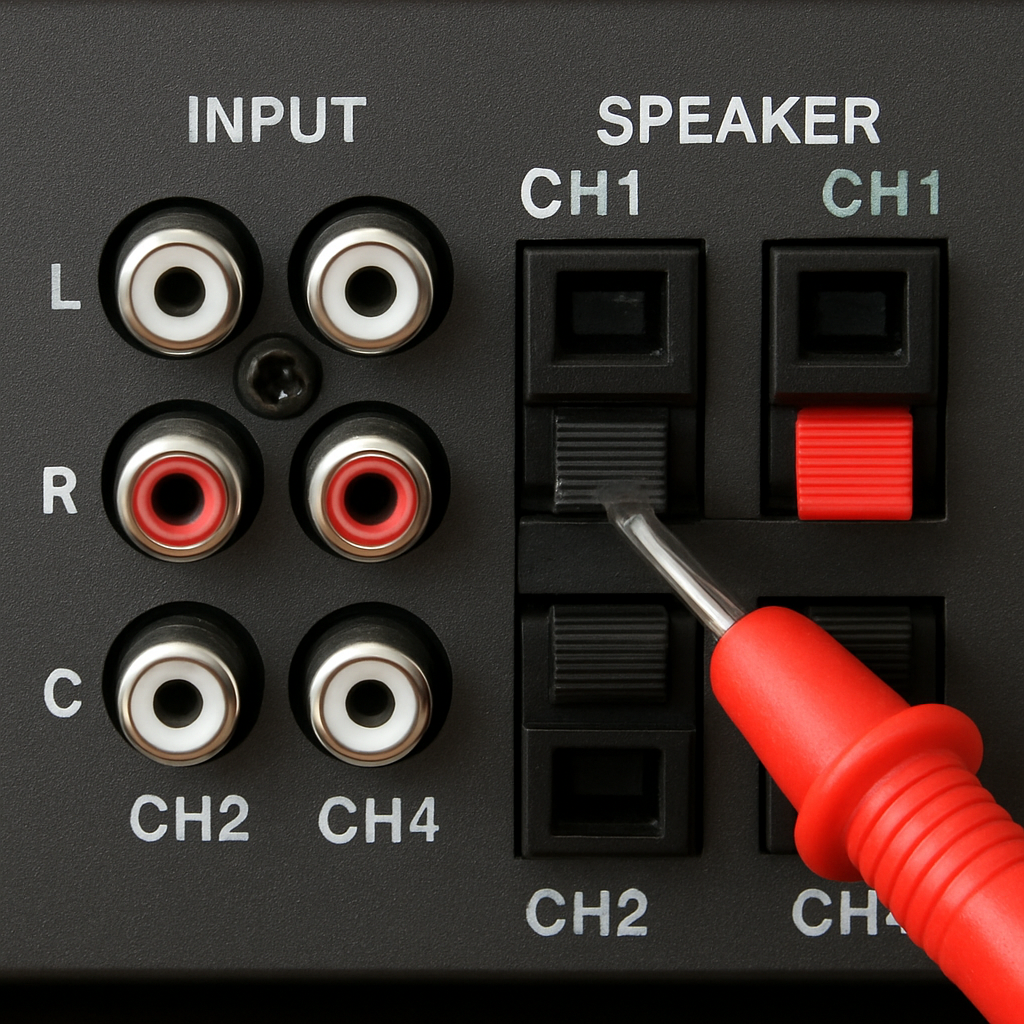 A close‑up of a car audio amp’s back panel showing labeled input RCA connectors and speaker output posts, with a multimeter probe measuring resistance between bridge pins. Alt: Identify amp input output configuration for bridging a 4 channel amp