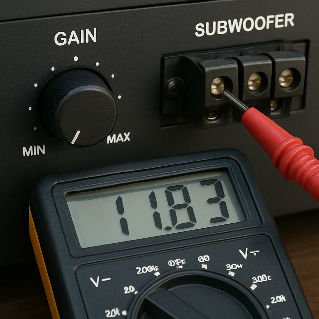 A close‑up of a car amplifier’s gain knob with a multimeter probe attached to the subwoofer terminals, showing voltage reading. Alt: Adjusting gain and testing a bridged 4‑channel amp for clean bass.