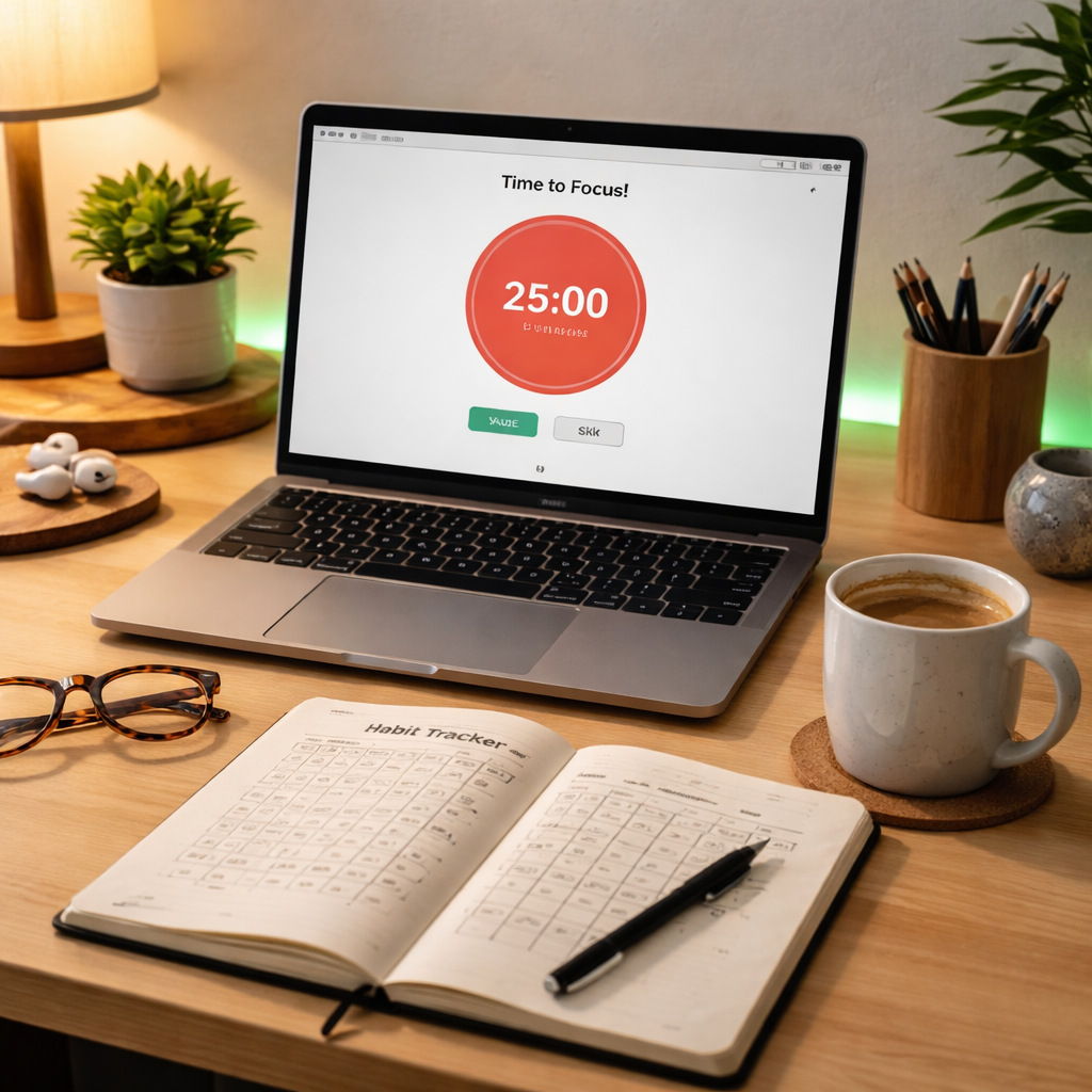 A photorealistic scene of a tidy home office desk with a laptop displaying a Pomodoro timer app, a handwritten notebook open to a habit‑tracking table, a green LED focus light strip glowing softly, and a coffee mug nearby. Alt: Review and adjust your Pomodoro habit with a realistic workspace setup.