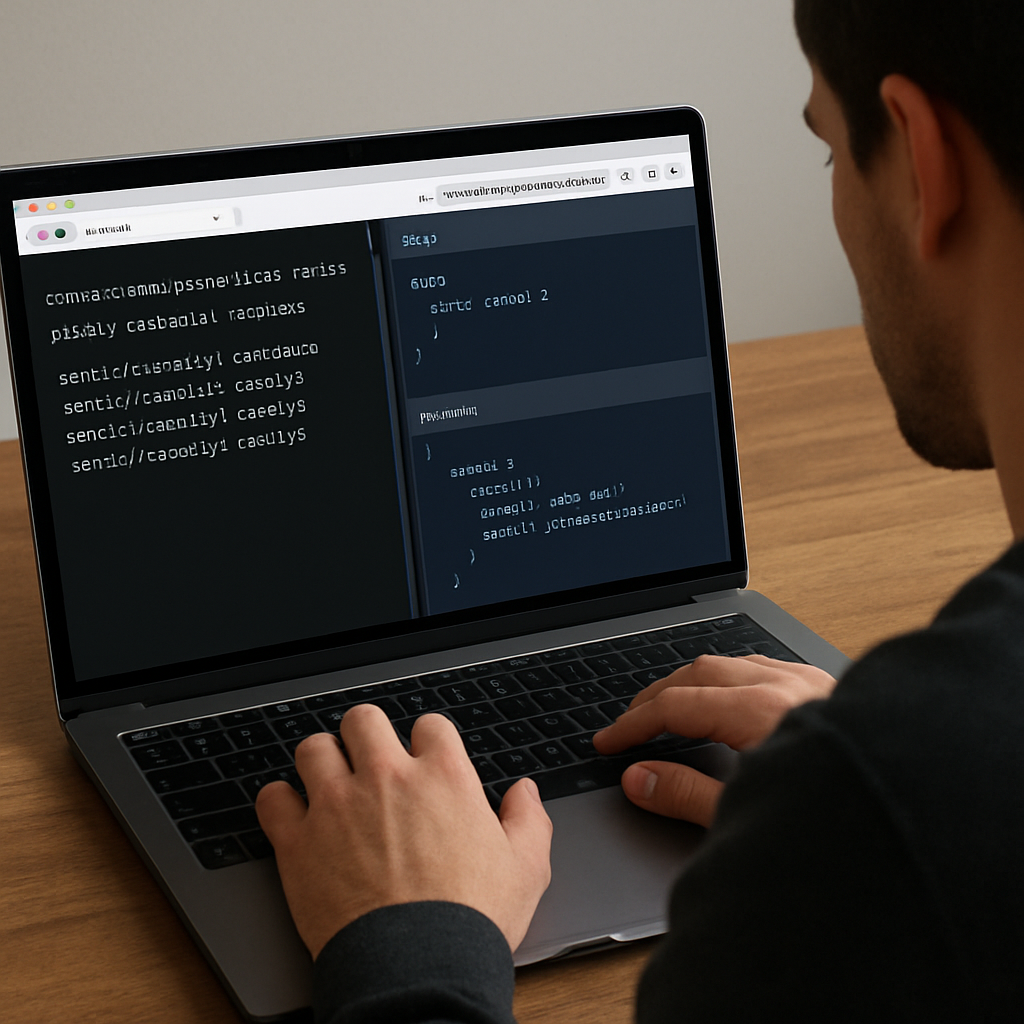A developer sitting at a laptop, viewing a terminal window with generated resolver files and a browser window showing Apollo Studio query results. Alt: Integrating generated GraphQL resolvers into a server with Apollo Server.