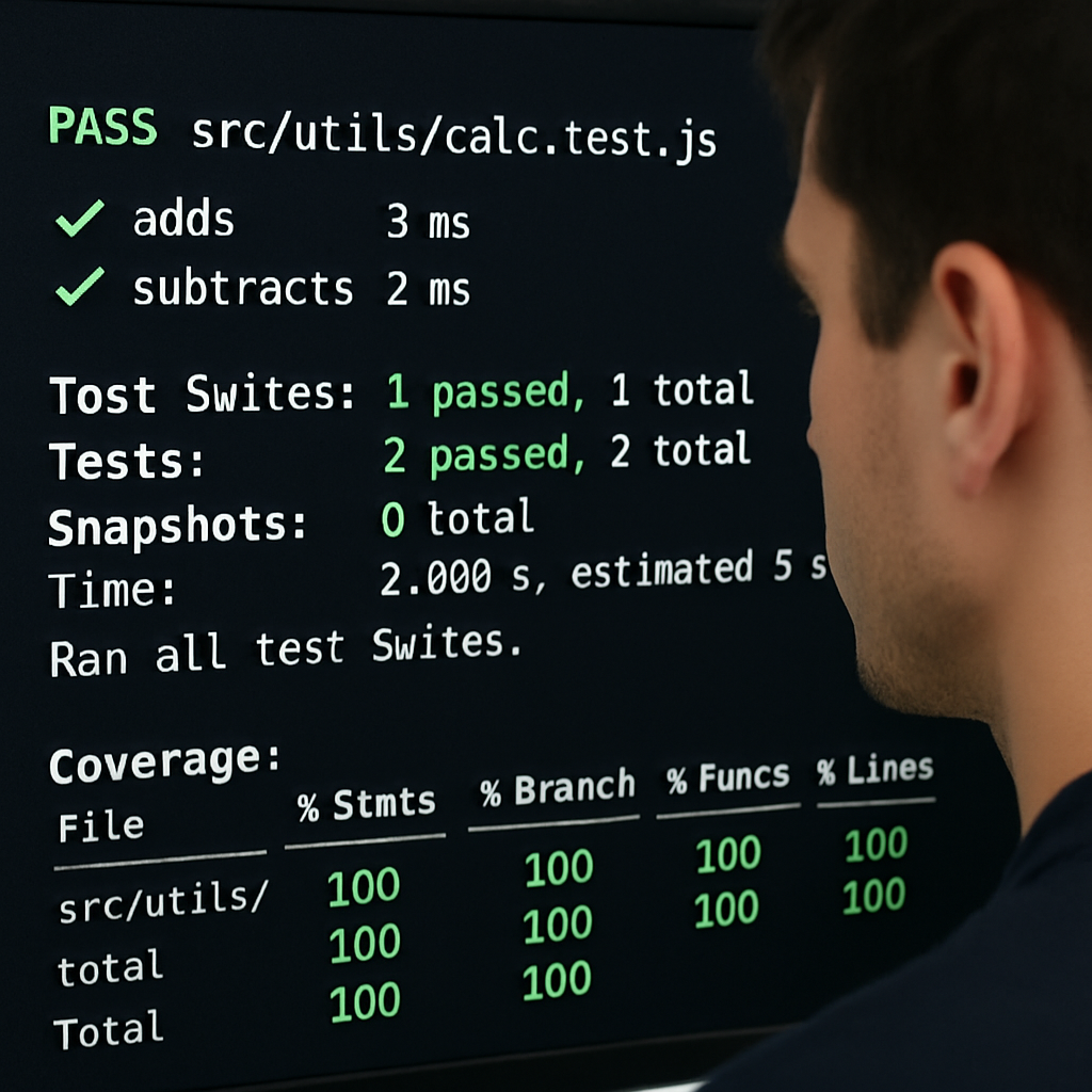 A developer reviewing Jest test output in a terminal, highlighting green checkmarks and coverage percentages. Alt: Jest test validation workflow with coverage details