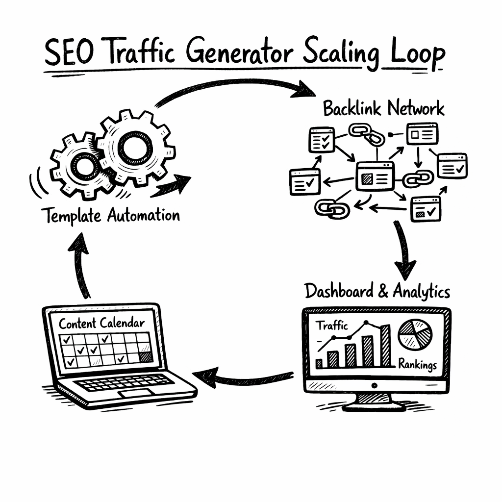 A doodle illustration of a flowchart showing an seo traffic generator scaling loop – gears representing template automation, arrows to a backlink network, a dashboard with metrics, and a laptop displaying a content calendar, style: hand‑drawn doodle, targeting digital marketers and e‑commerce owners. Alt: seo traffic generator scaling automation doodle