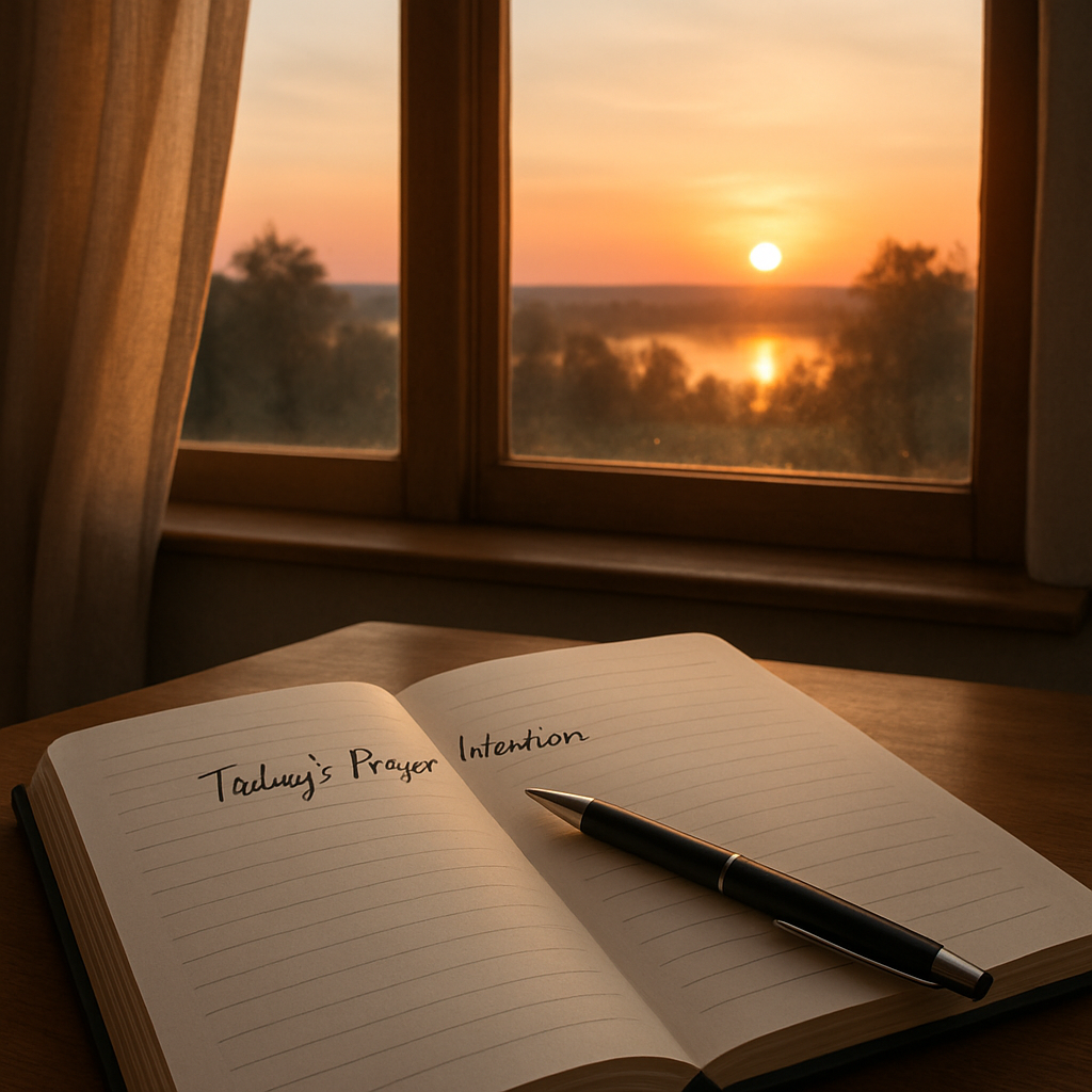 A serene sunrise over a quiet room with a notebook open, a pen resting on a line that reads “Today’s Prayer Intention”. Alt: Prayer intention journal sunrise setting.